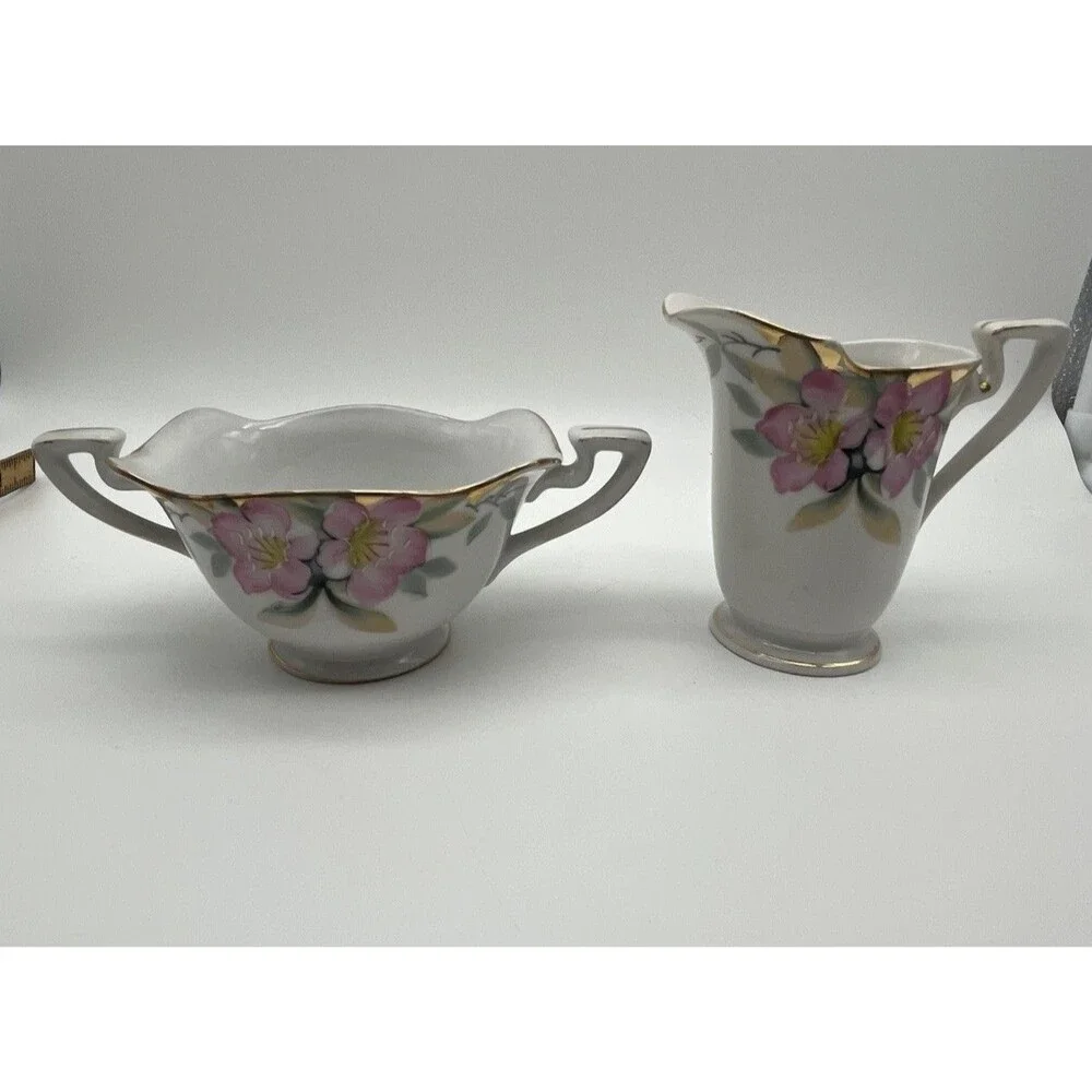 Noritake Azalea Hand Painted Porcelain Creamer & Sugar Set Gold Trim 19322